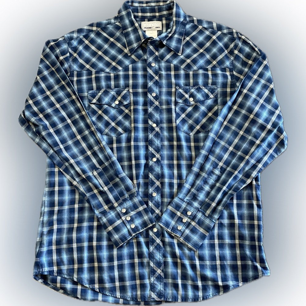 Wrangler Wrancher Pearl Snap Western Shirt-Men's L Blue Yellow Plaid Long Sleeve